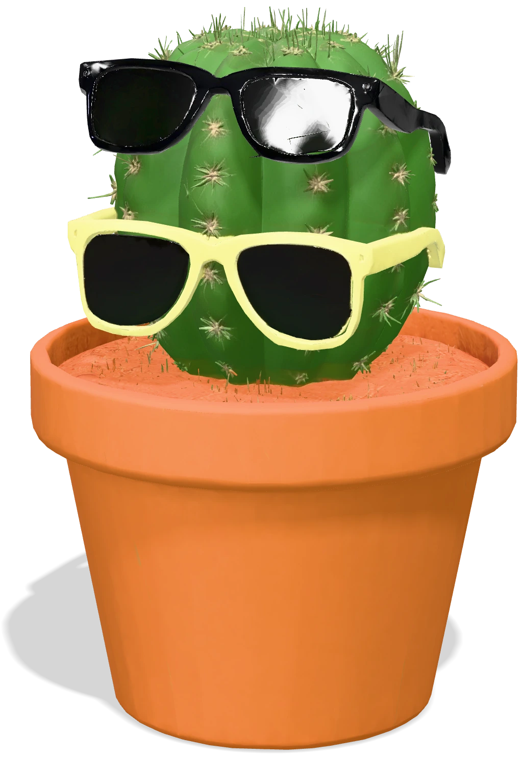 Cute cactus in a terracotta pot wearing tiny sunglasses, stylized