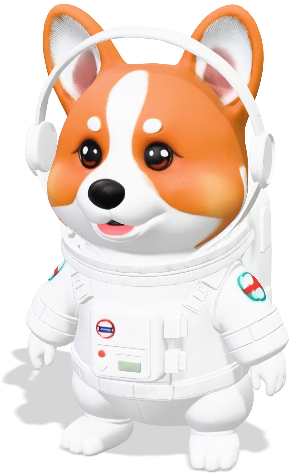 Cute corgi astronaut in a white spacesuit with a round glass helmet, stylized toy