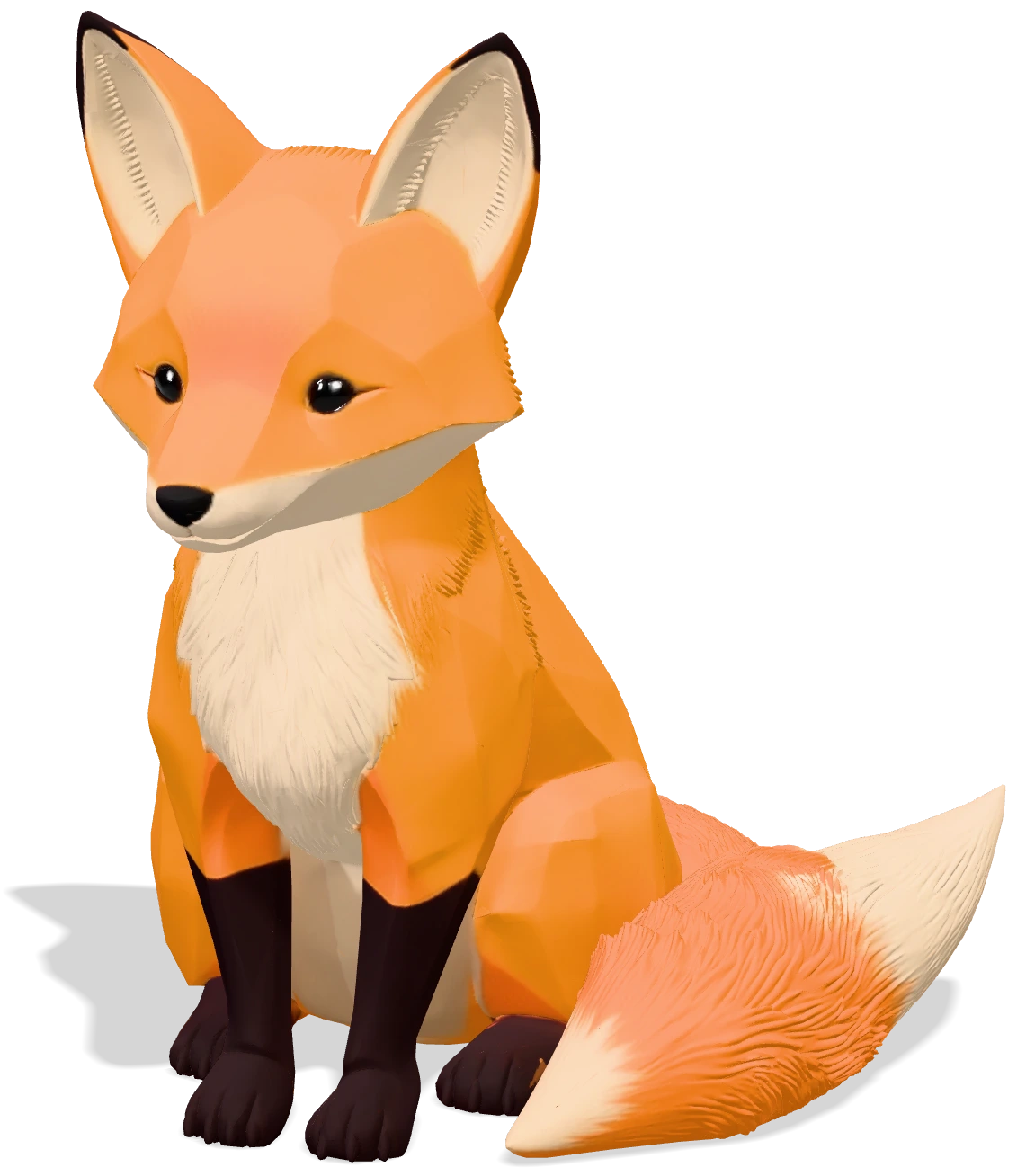 Cute low-poly orange fox sitting, big fluffy tail