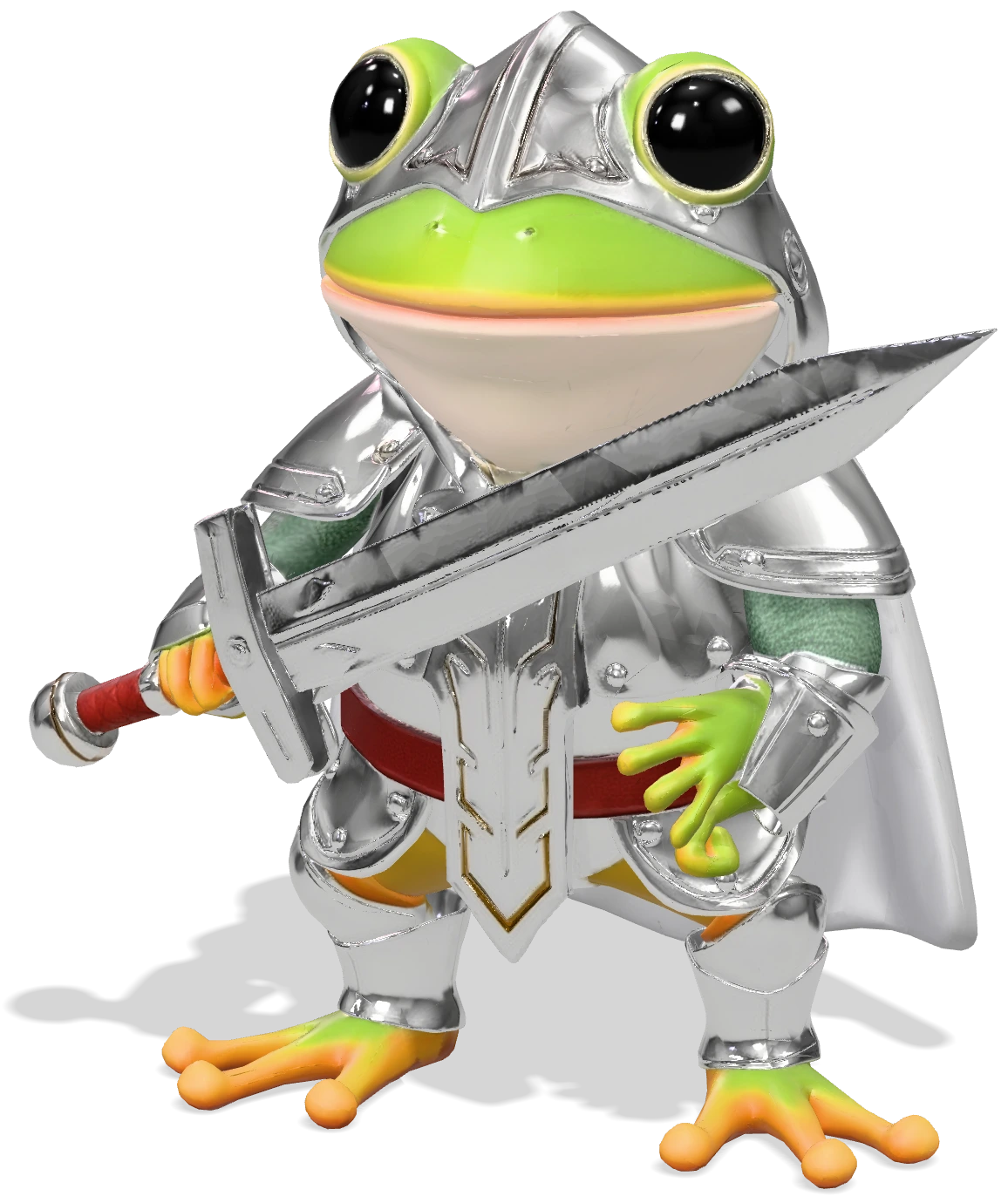 Frog knight in shiny silver armor with a tiny sword, cute stylized