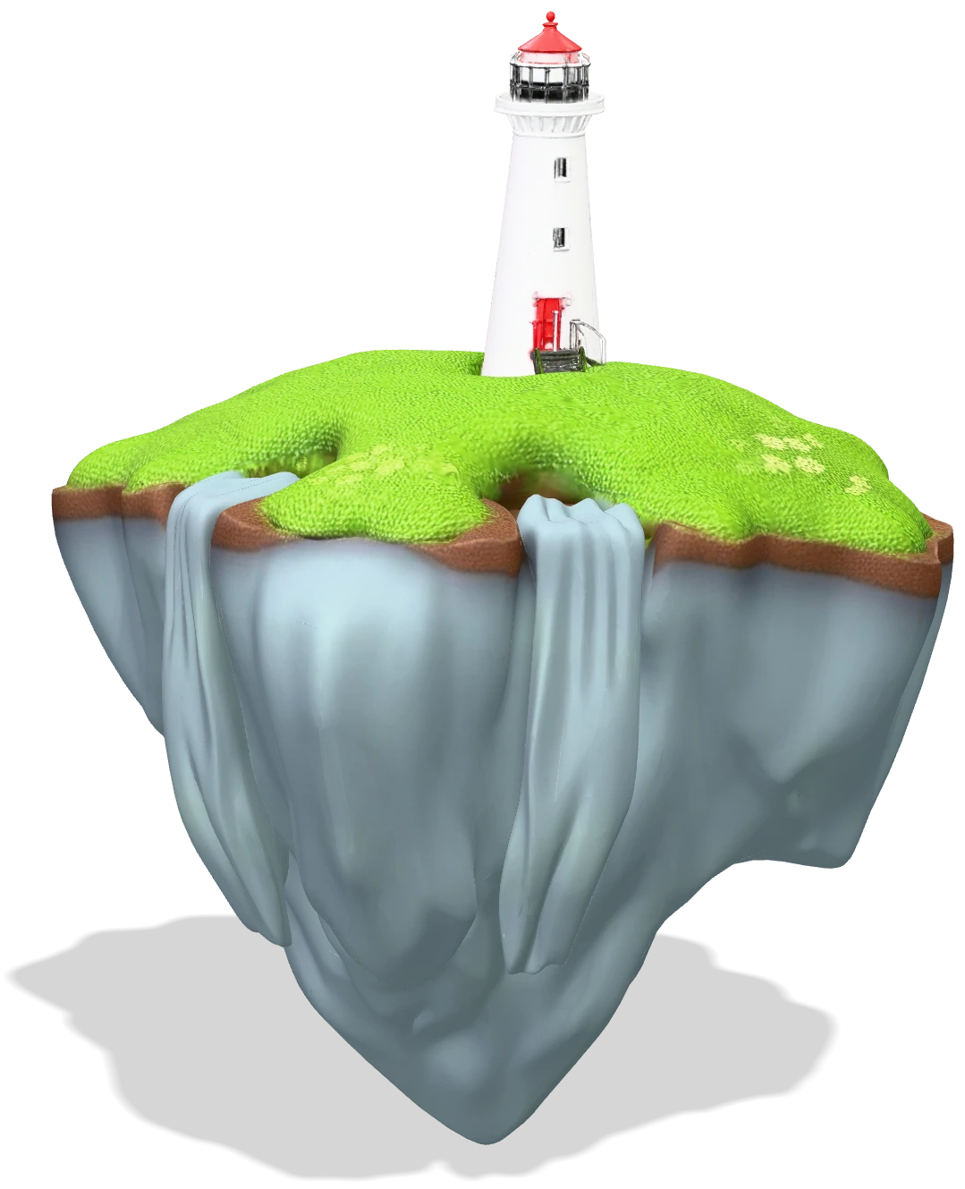 Floating island with a small white lighthouse and green grass, stylized diorama