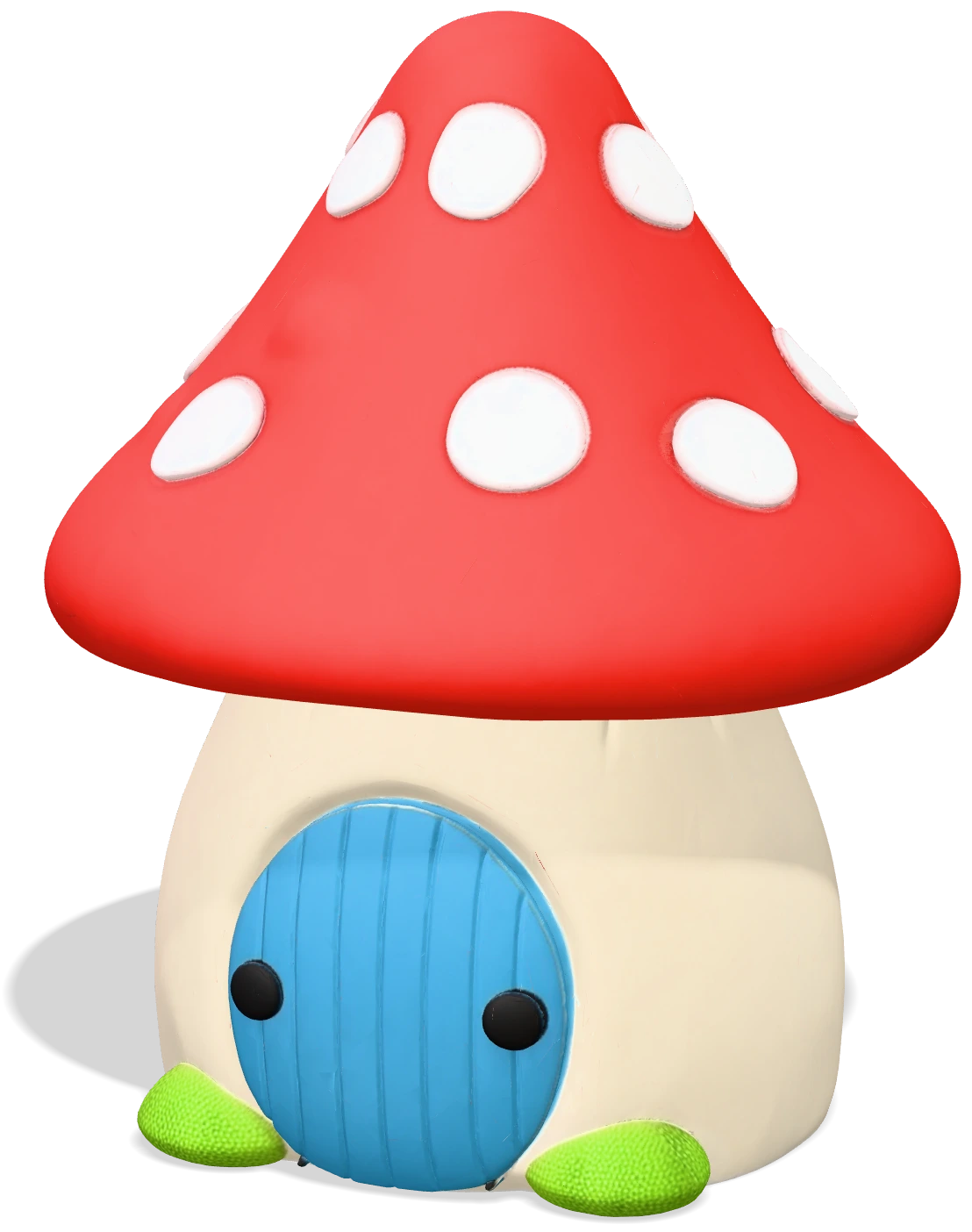 Tiny mushroom cottage with a red spotted roof and a round blue door, stylized