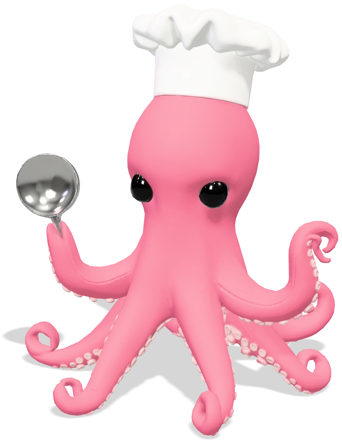 Cute pink octopus chef with a tiny white chef hat holding a ladle