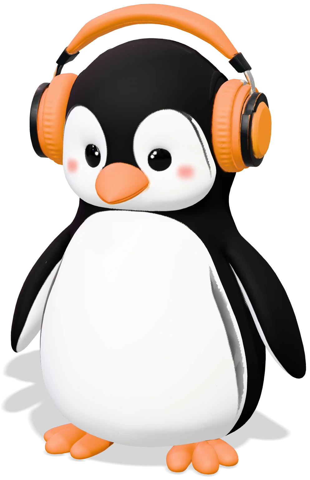 Chubby penguin DJ with big orange headphones, stylized toy