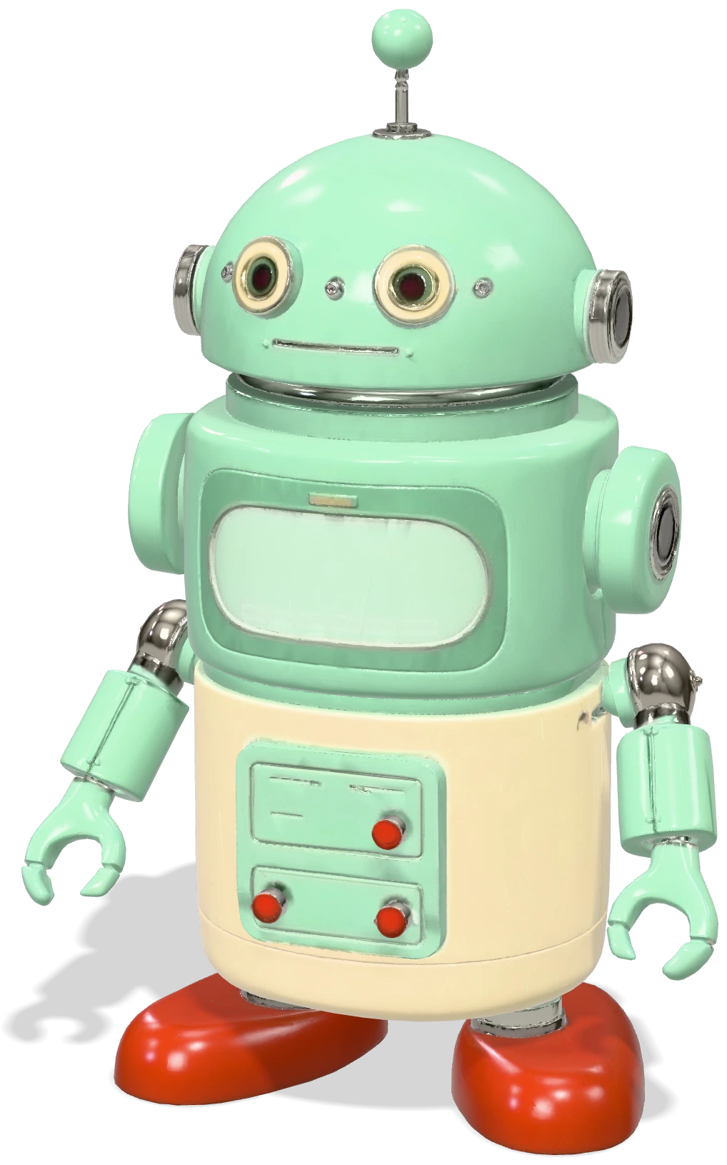 Retro tin robot toy, mint green and cream, round eyes, little antenna
